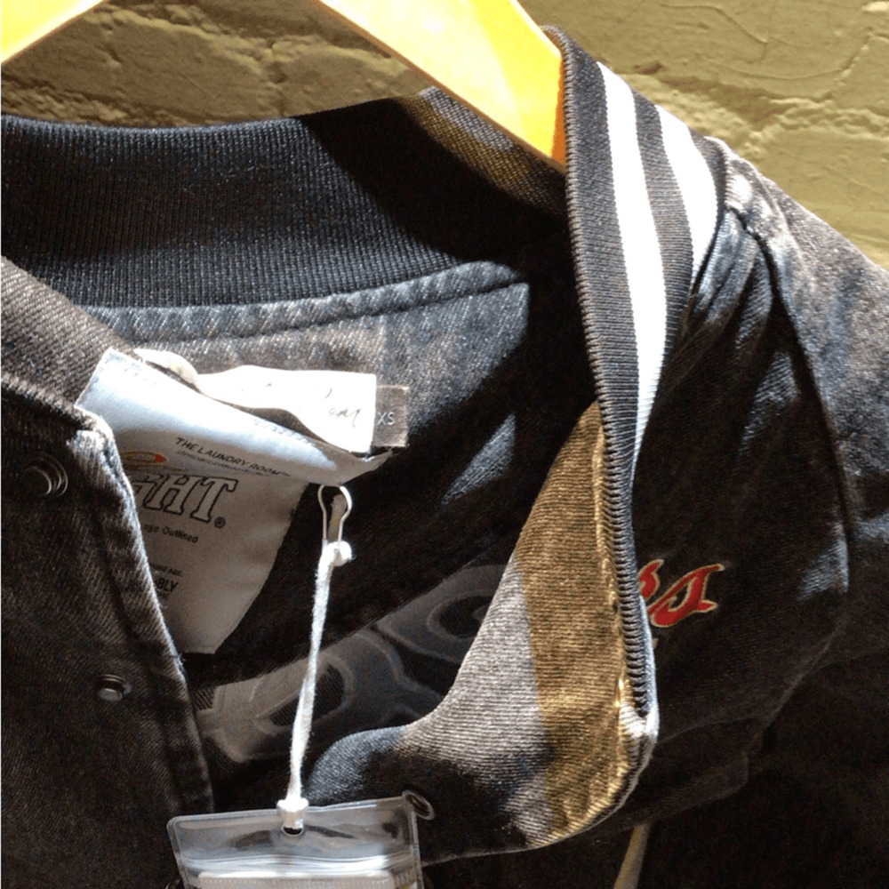 NEW! Rare The Laundry Room Black Denim Jacket with Red and White Logo - Picture 5 of 8